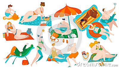 Body positive people on beach with overweight fat body set of flat vector illustrations isolated on white. Vector Illustration