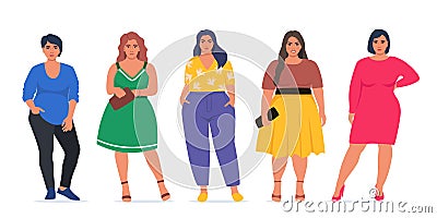 Body positive people. Plus size female characters, attractive curvy, overweight group. Oversize obesity, pretty large lady. women Vector Illustration