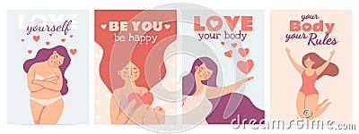 Body positive posters. Love yourself prints with happy woman with self esteem, heart and motivation quote. Women or Vector Illustration