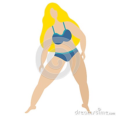 Body positive. Vector stock illustration. The blonde girl is engaged in gymnastics. Isolated white background. Woman in a bikini. Vector Illustration