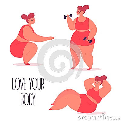 Body positive woman doing fitness, abs workout Vector Illustration