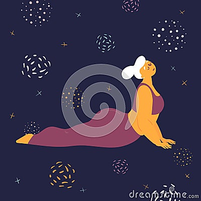 Body positive woman makes asana in the space Stock Photo