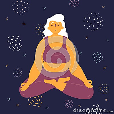 Body positive woman makes lotus asana in the space Cartoon Illustration