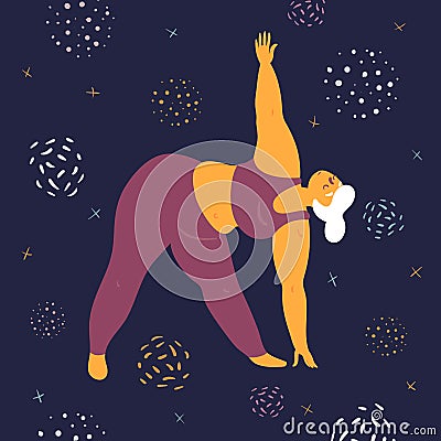 Body positive woman is stretching in the space Cartoon Illustration