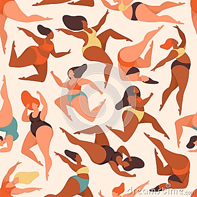 Body positive women seamless pattern. Overweight female in color clothes charming fat girls, plus size in swimsuits Vector Illustration