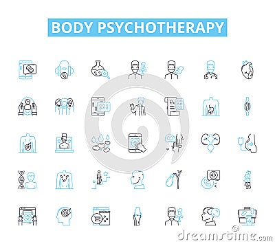 Body psychotherapy linear icons set. Embodiment, Movement, Sensation, Breathwork, Mindfulness, Bioenergetics Vector Illustration