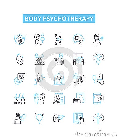 Body psychotherapy vector line icons set. Bodywork, Psychotherapy, Therapeutic, Counselling, Somatic, Energy, Trauma Vector Illustration