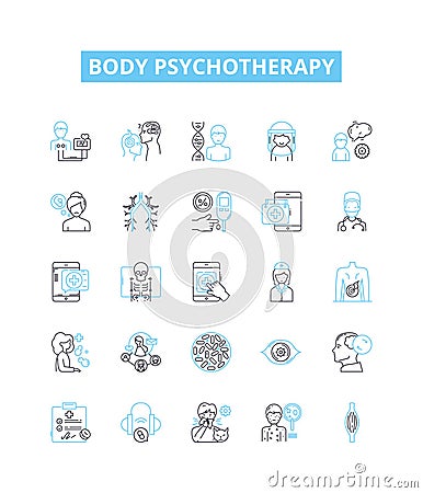 Body psychotherapy vector line icons set. Bodywork, Psychotherapy, Therapeutic, Counselling, Somatic, Energy, Trauma Vector Illustration