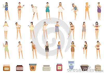 Body Scrub icons set cartoon . Cream jar Stock Photo