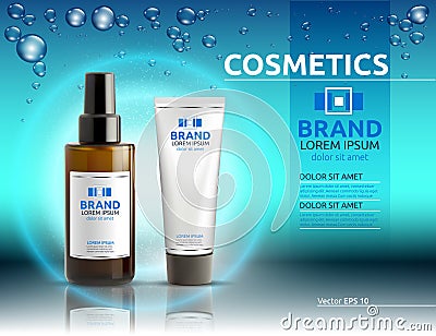 Body serum and cream cosmetic ads template. Hydrating facial or body lotions. Mockup 3D Realistic illustration. Sparkling water dr Cartoon Illustration