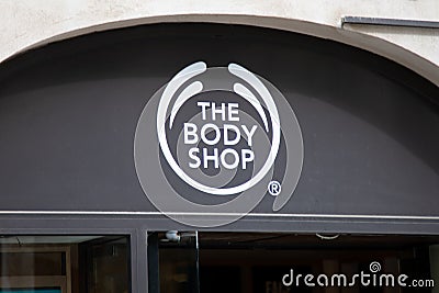 the body shop logo brand and text sign front facade chain wall entrance beauty Editorial Stock Photo