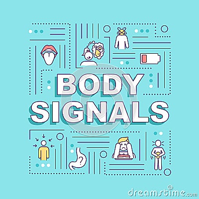 Body signals word concepts banner. Hunger and appetite senses, digestive upset. Infographics with linear icons on blue Vector Illustration