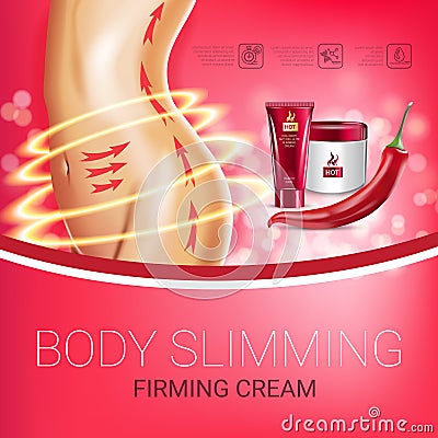 Body skin care series ads. Vector Illustration with chili pepper body slimming firming cream tube and container. Poster. Vector Illustration