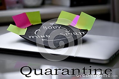 Balance in work concept convid-19, text quarantine Stock Photo