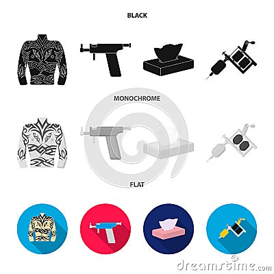 Body tattoo, piercing machine, napkins. Tattoo set collection icons in black, flat, monochrome style vector symbol stock Vector Illustration