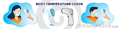 Body Temperature check with Non-contact Infrared thermometer scan for covid-19 Vector Illustration