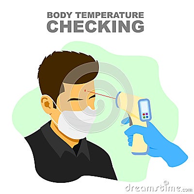 Body temperature checking, using thermometer gun (pyrometer) and glove illustration. Vector Illustration