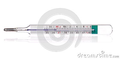 Body thermometer displaying healthy human body temperature 36. 6 gradis Celsius and 98. 6 grades Fahrenheit, isolated Stock Photo