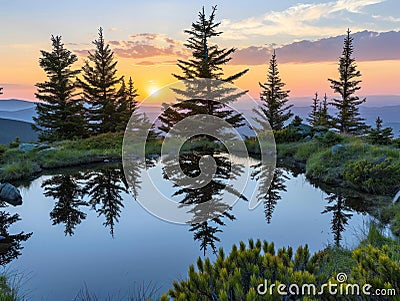 a body of water with trees and a sunset Stock Photo