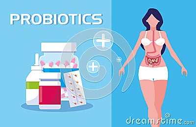 Body of woman with medicines probiotics Vector Illustration