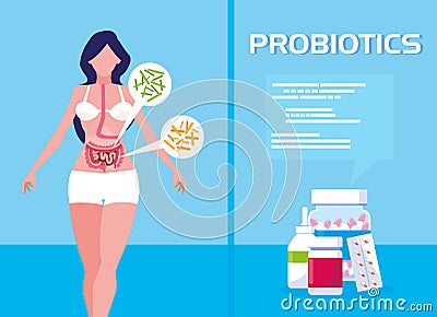Body of woman with medicines probiotics Vector Illustration