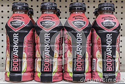 Bodyarmor sports drink display. Bodyarmor is a subsidiary of Coca Cola with minority stakes held by Vanessa Bryant and Mike Trout Editorial Stock Photo