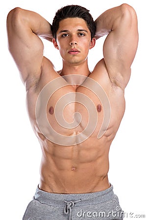 Bodybuilder bodybuilding flexing muscles posing body builder building strong muscular young man isolated Stock Photo