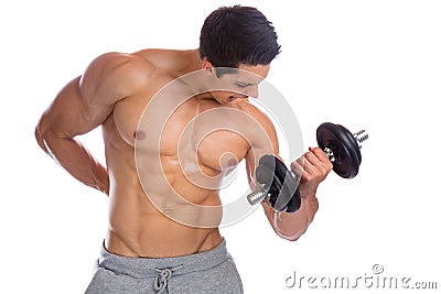 Bodybuilder bodybuilding muscles body builder building power strong muscular young man dumbbell biceps training isolated Stock Photo