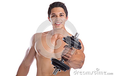 Bodybuilder bodybuilding muscles body builder building strong fun muscular young man dumbbell shoulder training isolated Stock Photo