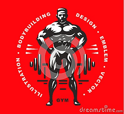 Bodybuilder emblem illustration on red background Vector Illustration