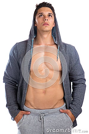 Bodybuilder muscular young man hoodie looking up bodybuilding mu Stock Photo