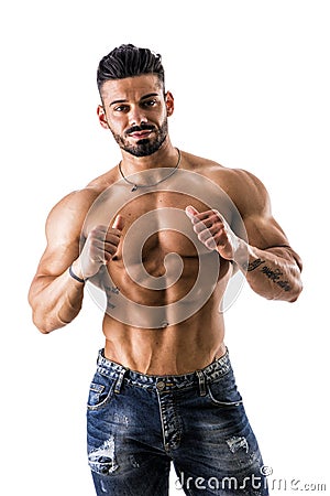 Bodybuilder pointing thumb finger at himself Stock Photo