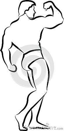 Bodybuilder pose. Warehouse illustration. Black contour with thinning. A fitness center. Logo. Vector Illustration