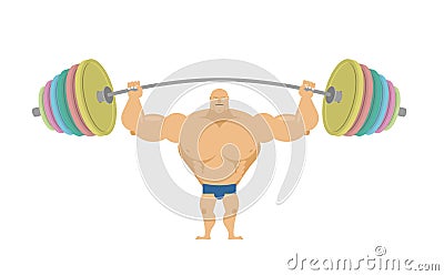 Bodybuilder raises sports barbell with colored discs. Vector Illustration