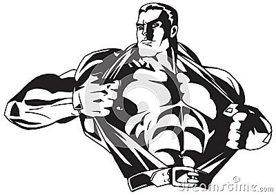 Bodybuilder rips shirt on the chest Vector Illustration