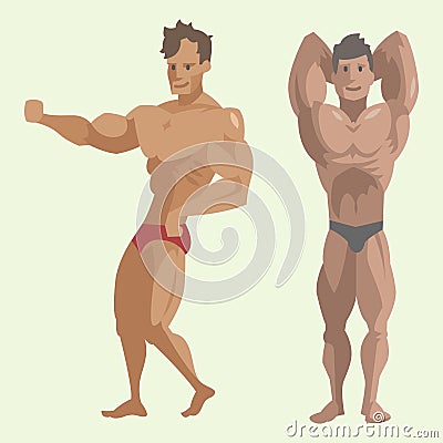 Bodybuilder sportsman vector characters muscular bearded man fitness male strong athlets model posing bodybuilding sport Vector Illustration