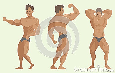 Bodybuilder sportsman vector characters muscular bearded man fitness male strong athlets model posing bodybuilding sport Vector Illustration