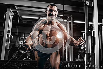 Bodybuilder training chest on simulator in the gym Stock Photo