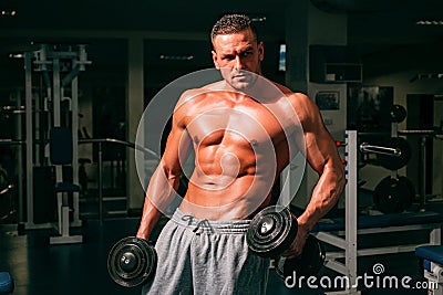 Bodybuilder training with dumbbells. Sportsman with naked torso. Sporty workout. Athletic body. Stock Photo