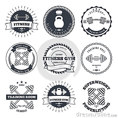 Bodybuilding and fitness gym logos. Label and emblems design elements vector Vector Illustration