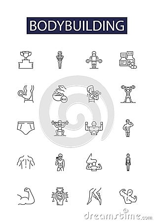 Bodybuilding line vector icons and signs. Muscles, Exercise, Strength, Weightlifting, Fitness, Benchpress, Diet, Gym Vector Illustration