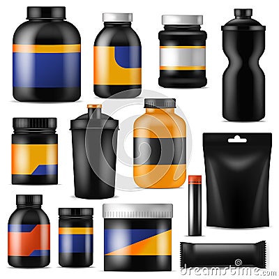 Bodybuilding nutrition vector branding fitness sport nutritional supplement with protein in branded bottle for Vector Illustration