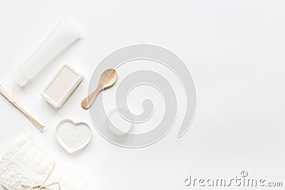 Bodycare concept with white set of cosmetics woman desk top view mock-up Stock Photo