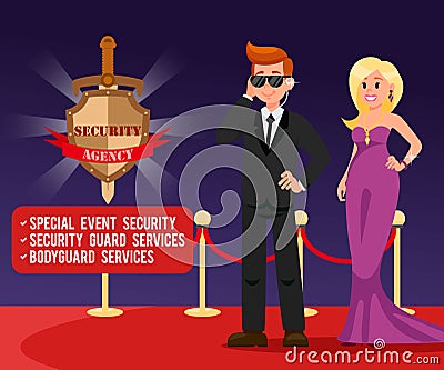 Bodyguard and Beautiful Woman Banner Template Vector Illustration