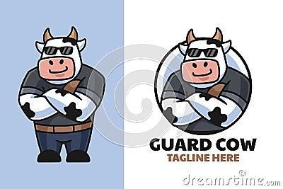 Bodyguard Cow Cartoon Logo Design Vector Illustration