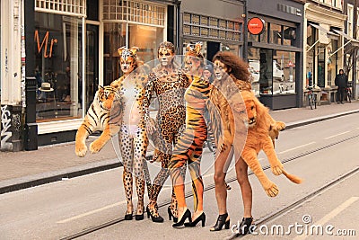 Bodypainted models in the street Editorial Stock Photo