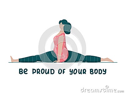 Be proud of your body. Bodypositive plus size woman doing yoga. Trendy flat vector illustration for prints, posters, banners. Vector Illustration