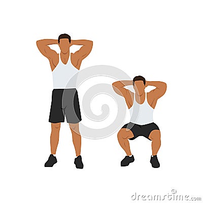 Bodyweight Squat. Young man doing sport exercise. Cartoon Illustration