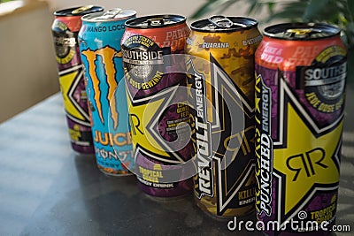 BOEBLINGEN,GERMANY - JULY 24,2019:Stettiner Strasse Five cans of energy drinks Editorial Stock Photo