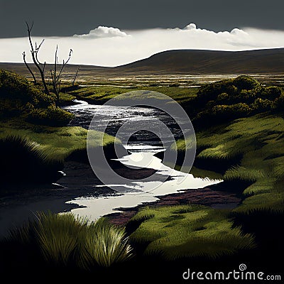 Bog Marsh Wetland Landscape Hill Quagmire Brown Water Green Grass Overcast Sky RPG Environment DND Generative AI Cartoon Illustration